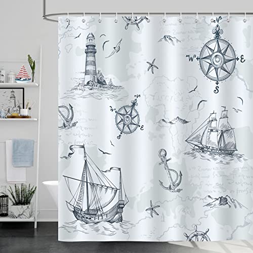 Bonhause Duschvorhang Nautische Segelboot Anker Kompass Leuchtturm Duschvorhänge 180 x 180 cm Anti-Schimmel Wasserdicht Polyester Stoff Waschbar Bad Vorhäng für Badzimmer mit 12 Haken von Bonhause