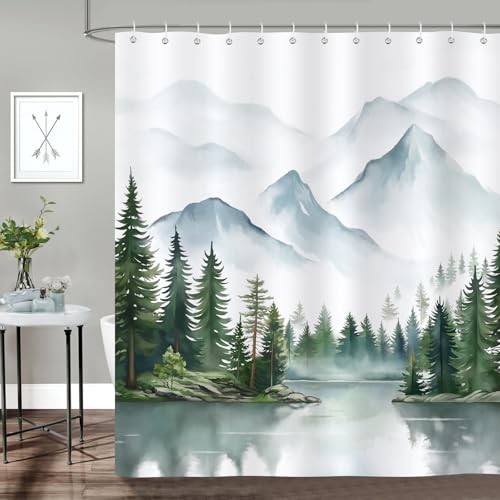 Bonhause Duschvorhang Nebliger Wald Aquarell Grüner Baum Berg Natur Duschvorhänge 180 x 180 cm Anti-Schimmel Wasserdicht Polyester Stoff Waschbar Bad Vorhäng für Badzimmer mit 12 Haken von Bonhause