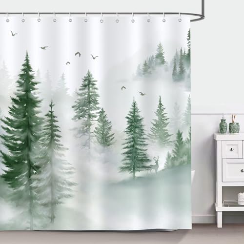 Bonhause Duschvorhang Nebliger Wald Berg Grüner Baum Natur Duschvorhänge 180 x 180 cm Anti-Schimmel Wasserdicht Polyester Stoff Waschbar Bad Vorhäng für Badzimmer mit 12 Haken von Bonhause