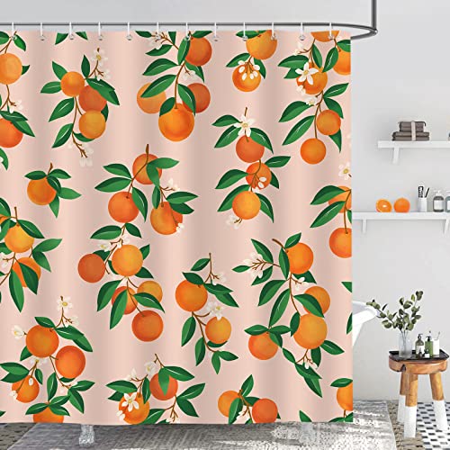 Bonhause Duschvorhang Orange Frucht Zitrusgewächs Grüne Blätter Duschvorhänge 180 x 180 cm Anti-Schimmel Wasserdicht Polyester Stoff Waschbar Bad Vorhäng für Badzimmer mit 12 Haken von Bonhause