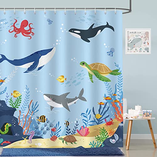 Bonhause Duschvorhang Ozean Unter dem Meer Delfin Fisch Blau Duschvorhänge für Kinder 180 x 180 cm Anti-Schimmel Wasserdicht Polyester Stoff Waschbar Bad Vorhäng für Badzimmer mit 12 Haken von Bonhause