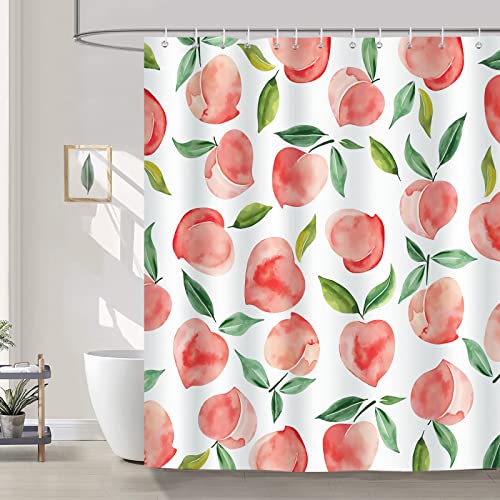 Bonhause Duschvorhang Pfirsich Frucht Grüne Blätter Duschvorhänge 180 x 180 cm Anti-Schimmel Wasserdicht Polyester Stoff Waschbar Bad Vorhäng für Badzimmer mit 12 Haken von Bonhause