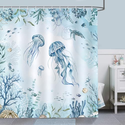 Bonhause Duschvorhang Qualle Blau Ozean Meeresschildkröte Strand Küste Duschvorhänge 180 x 180 cm Anti-Schimmel Wasserdicht Polyester Stoff Waschbar Bad Vorhäng für Badzimmer mit 12 Haken von Bonhause