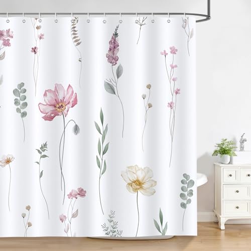 Bonhause Duschvorhang Rosa Beige Aquarell Blumen Blätter Modern Duschvorhänge 180 x 180 cm Anti-Schimmel Wasserdicht Polyester Stoff Waschbar Bad Vorhäng für Badzimmer mit 12 Haken von Bonhause