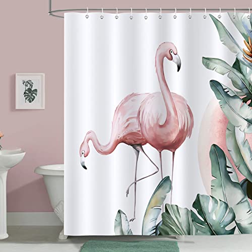 Bonhause Duschvorhang Rosa Flamingo Tropische Blätter Duschvorhänge 180 x 180 cm Anti-Schimmel Wasserdicht Polyester Stoff Waschbar Bad Vorhäng für Badzimmer mit 12 Haken von Bonhause