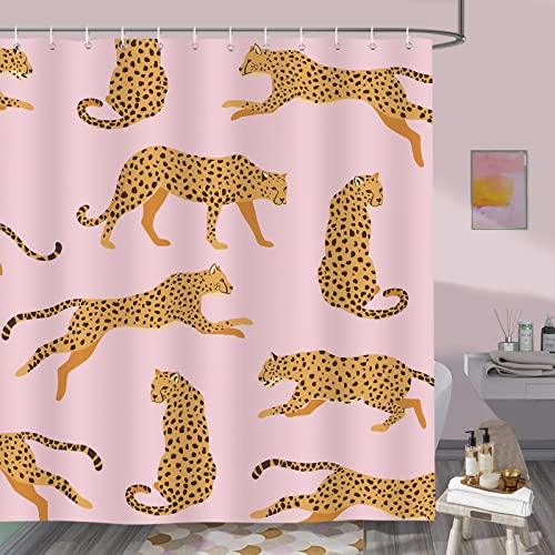 Bonhause Duschvorhang Rosa Leopard Tropische Tier Gepard Duschvorhänge 180 x 180 cm Anti-Schimmel Wasserdicht Polyester Stoff Waschbar Bad Vorhäng für Badzimmer mit 12 Haken von Bonhause