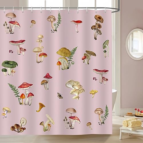 Bonhause Duschvorhang Rosa Pilz Natürliche Wildpflanze Duschvorhänge für Mädchen 180 x 180 cm Anti-Schimmel Wasserdicht Polyester Stoff Waschbar Bad Vorhäng für Badzimmer mit 12 Haken von Bonhause