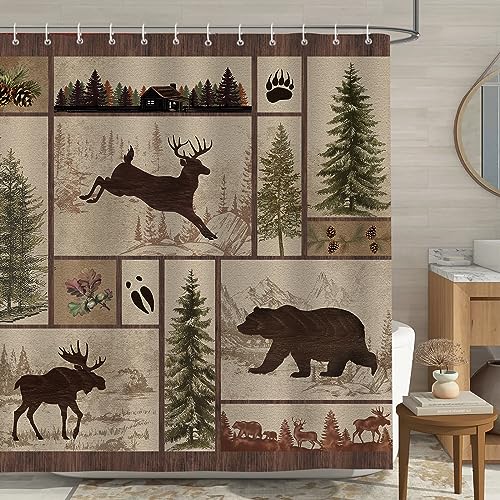 Bonhause Duschvorhang Rustikale Wilde Tiere Wald Bär Duschvorhänge 180 x 180 cm Anti-Schimmel Wasserdicht Polyester Stoff Waschbar Bad Vorhäng für Badzimmer mit 12 Haken von Bonhause