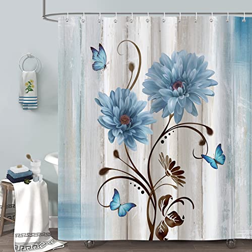 Bonhause Duschvorhang Rustikaler Gänseblümchen Blaue Blume Bauernhaus Holz Duschvorhänge 180 x 180 cm Anti-Schimmel Wasserdicht Polyester Stoff Waschbar Bad Vorhäng für Badzimmer mit 12 Haken von Bonhause