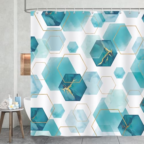Bonhause Duschvorhang Teal Gestreift Modern Abstrakt Kunst Marmor Gold Duschvorhänge 180 x 180 cm Anti-Schimmel Wasserdicht Polyester Stoff Waschbar Bad Vorhäng für Badzimmer mit 12 Haken von Bonhause