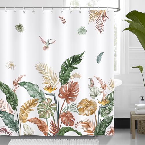 Bonhause Duschvorhang Tropische Blätter Blumen Boho Retro Palmblätter Pflanzen Duschvorhänge 180 x 180 cm Anti-Schimmel Wasserdicht Polyester Stoff Waschbar Bad Vorhäng für Badzimmer mit 12 Haken von Bonhause