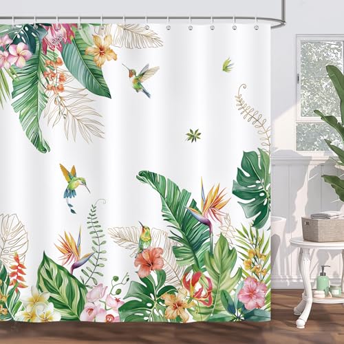 Bonhause Duschvorhang Tropische Blätter Blumen Vogel Frühling Pflanze Kolibri Duschvorhänge 180 x 180 cm Anti-Schimmel Wasserdicht Polyester Stoff Waschbar Bad Vorhäng für Badzimmer mit 12 Haken von Bonhause