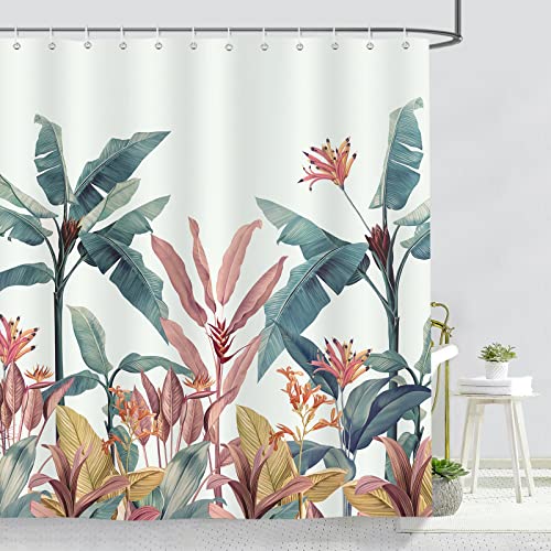 Bonhause Duschvorhang Tropische Blätter Grün Bananenblätter Duschvorhänge 180 x 200 cm Anti-Schimmel Wasserdicht Polyester Stoff Waschbar Bad Vorhäng für Badzimmer mit 12 Haken von Bonhause