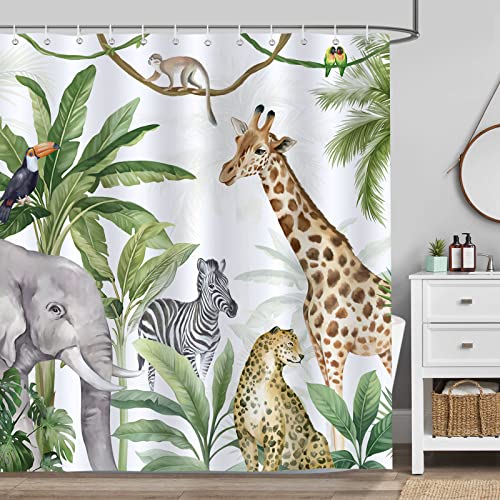 Bonhause Duschvorhang Tropischer Dschungel Safari Tiere Elefant Leopard Duschvorhänge 180 x 180 cm Anti-Schimmel Wasserdicht Polyester Stoff Waschbar Bad Vorhäng für Badzimmer mit 12 Haken von Bonhause