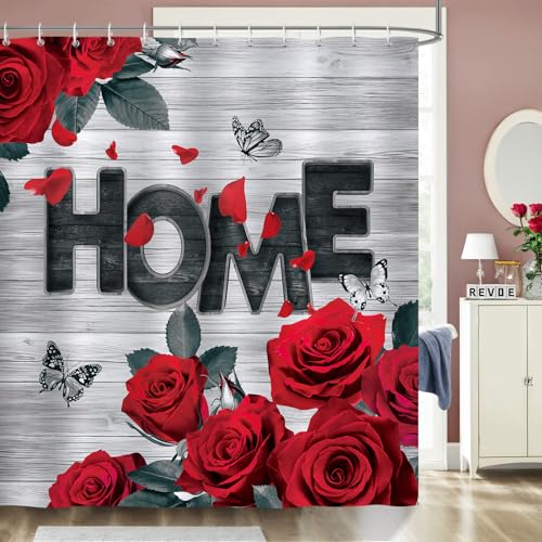 Bonhause Duschvorhang Valentinstag Rote Rose Blumen Retro Vintage Home Duschvorhänge 180 x 180 cm Anti-Schimmel Wasserdicht Polyester Stoff Waschbar Bad Vorhäng für Badzimmer mit 12 Haken von Bonhause