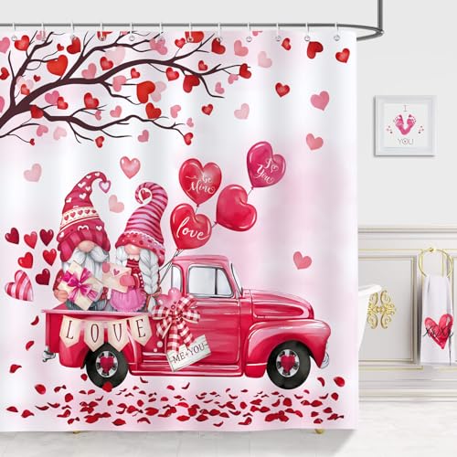 Bonhause Duschvorhang Valentinstag Zwerge LKW Roter Liebe Herz Baum Rosa Duschvorhänge 180 x 180 cm Anti-Schimmel Wasserdicht Polyester Stoff Waschbar Bad Vorhäng für Badzimmer mit 12 Haken von Bonhause