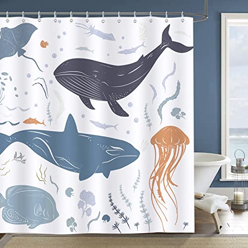 Bonhause Duschvorhang Wal Fische Ozeantier Duschvorhänge für Kinder 183 x 183 cm Anti-Schimmel Wasserdicht Polyester Stoff Waschbar Bad Vorhäng für Badzimmer mit 12 Haken von Bonhause