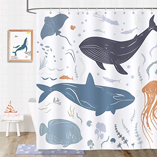 Bonhause Duschvorhang Wal Fische Ozeantier Duschvorhänge für Kinder 183 x 183 cm Anti-Schimmel Wasserdicht Polyester Stoff Waschbar Bad Vorhäng für Badzimmer mit 12 Haken von Bonhause