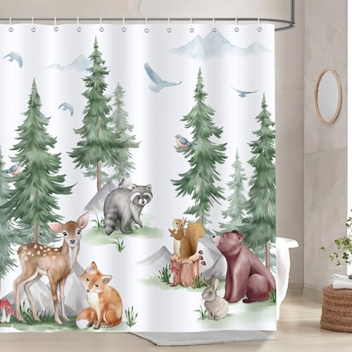 Bonhause Duschvorhang Waldtiere Baum Bär Hirsch Fuchs Kinder Duschvorhänge 180 x 180 cm Anti-Schimmel Wasserdicht Polyester Stoff Waschbar Bad Vorhäng für Badzimmer mit 12 Haken von Bonhause