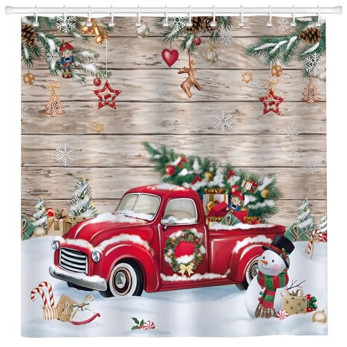 Bonhause Duschvorhang Weihnachten Roter LKW Weihnachtsbaum Schneemann Duschvorhänge 180 x 180 cm Anti-Schimmel Wasserdicht Polyester Stoff Waschbar Bad Vorhäng für Badzimmer mit 12 Haken von Bonhause