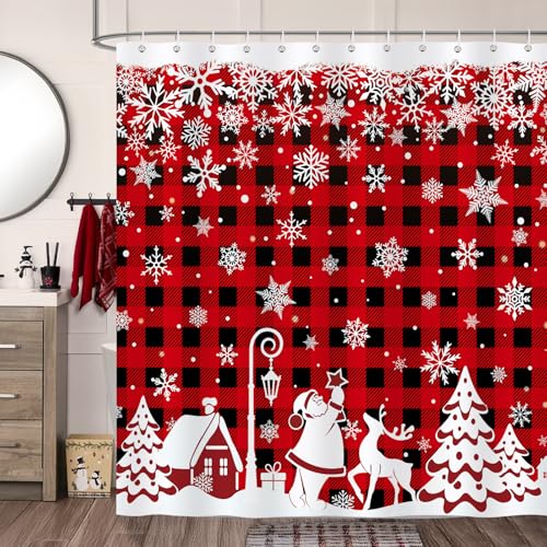 Bonhause Duschvorhang Weihnachten Schneeflocken Plaid Winter Xmas Baum Bauernhaus Duschvorhänge 180 x 180 cm Anti-Schimmel Wasserdicht Polyester Stoff Waschbar Bad Vorhäng für Badzimmer mit 12 Haken von Bonhause