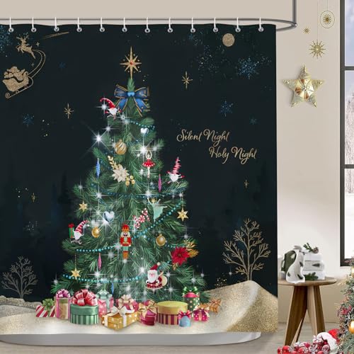 Bonhause Duschvorhang Weihnachtsbaum Geschenk Boxen Nacht des Wunders Duschvorhänge 180 x 180 cm Anti-Schimmel Wasserdicht Polyester Stoff Waschbar Bad Vorhäng für Badzimmer mit 12 Haken von Bonhause