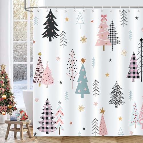 Bonhause Duschvorhang Weihnachtsbaum Rosa Xmas Baum Schneeflocke Winterurlaub Duschvorhänge 180 x 180 cm Anti-Schimmel Wasserdicht Polyester Stoff Waschbar Bad Vorhäng für Badzimmer mit 12 Haken von Bonhause