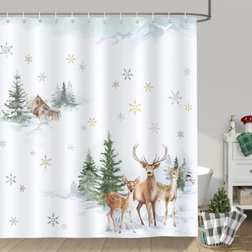 Bonhause Duschvorhang Winter Wald Kiefer Hirsch Schneeflocke Weihnachten Duschvorhänge 180 x 180 cm Anti-Schimmel Wasserdicht Polyester Stoff Waschbar Bad Vorhäng für Badzimmer mit 12 Haken von Bonhause