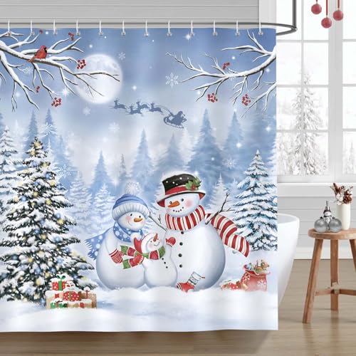 Bonhause Duschvorhang Winter Weihnachten Schneemann Kiefern Kardinal Duschvorhänge 180 x 180 cm Anti-Schimmel Wasserdicht Polyester Stoff Waschbar Bad Vorhäng für Badzimmer mit 12 Haken von Bonhause
