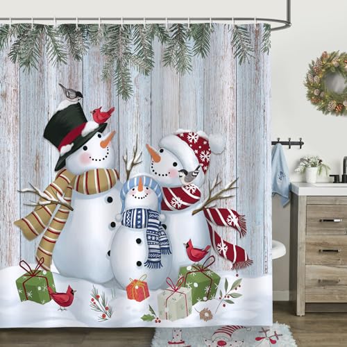 Bonhause Duschvorhang Winter Weihnachten Schneemann Kiefernzweige Duschvorhänge 180 x 180 cm Anti-Schimmel Wasserdicht Polyester Stoff Waschbar Bad Vorhäng für Badzimmer mit 12 Haken von Bonhause