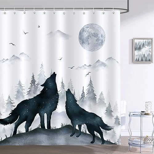 Bonhause Duschvorhang Wolf Wald Tier Mond Nacht Duschvorhänge 180 x 180 cm Anti-Schimmel Wasserdicht Polyester Stoff Waschbar Bad Vorhäng für Badzimmer mit 12 Haken von Bonhause