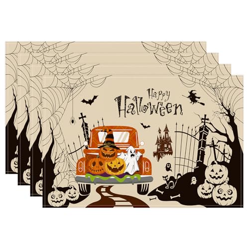 Bonhause Kürbis LKW Halloween Tischsets 4er Set, Ghost Spooky Fledermaus Platzsets Waschbar Platzdeckchen für Küche Tisch Dekoration Drinnen Urlaub Party Dekor 30x45cm Bonhause Kürbis LKW Halloween Tischsets 4er Set, Ghost Spooky Fledermaus Platzsets Waschbar Platzdeckchen für Küche Tisch Dekoration Drinnen Urlaub Party Dekor 30x45cm von Bonhause