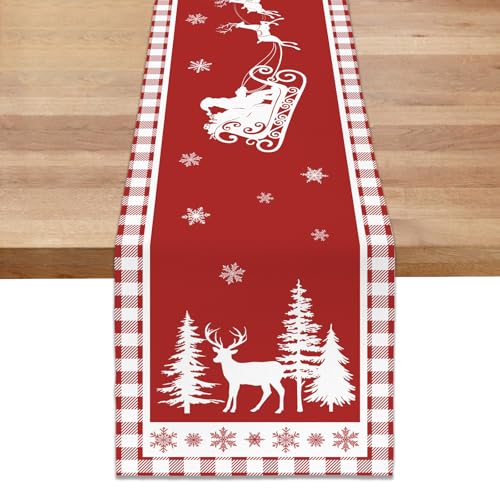Bonhause Tischläufer Weihnachten Rentier Kiefern Tischläufer Rot Weiß Plaid Winter Küche Esstisch Dekoration für Drinnen Draußen Urlaub Party Waschbar Wohnkultur Tafeltuch (33 x 183 cm) von Bonhause