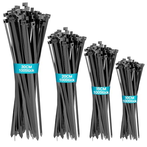 Kabelbinder Schwarz Set Klein, 400 Stück Nylon 100/150/200/300mm Selbsthemmend Kabelbinder für Kabelmanagement Gartenarbeit Wohnen Werkstätten UV Beständig Temperaturbeständig Hochbelastbar von Bonison