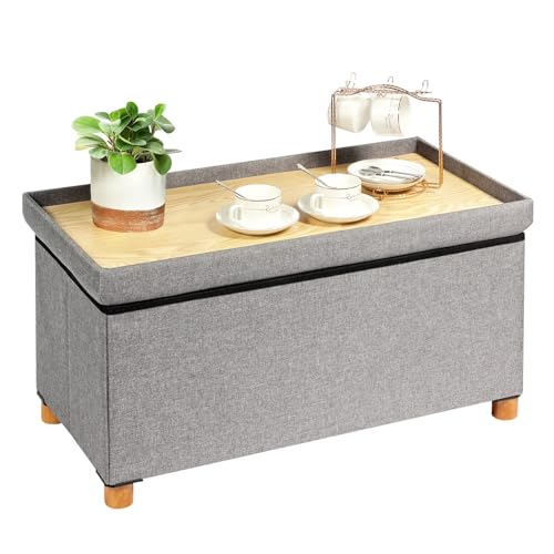 Bonlife Fußhocker für Wohnzimmer, graue Ottomanen-Aufbewahrungsbox mit Tablett, zusammenklappbarer Ottoman-Couchtisch mit Stauraum, 76 x 38 x 38 cm von Bonlife