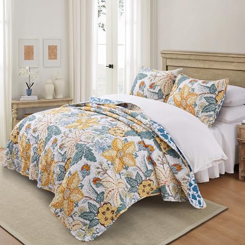 Quilt King Size Bettwäsche-Set - Floral Quilt Tagesdecke 3-teilig für King-Size-Bett Tropisch Rustikales Bettwäsche-Set im Blumen-Stil Druck Vintage Steppdecken Sets als Decke Kabinenbett Tagesdecke von Bonlino