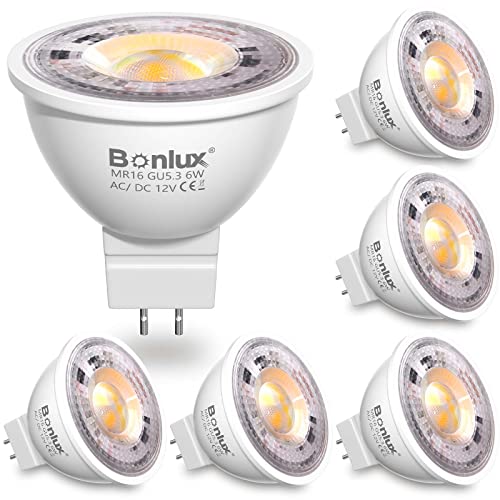 Bonlux 12V MR16 GU5.3 LED Leuchtmittel Warmweiß 3000K 6W LED Strahler AC/DC 12V 600LM Ersetzen 50W 60W Halogen Lampe 38°Abstrahwinkel MR16 LED Spot Glühbirne Nicht Dimmbar 6 Stück von Bonlux