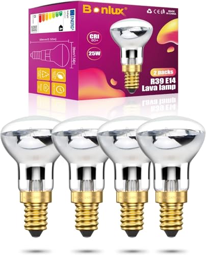 Bonlux 25W R39 Glühbirne E14 Lava Birne Lavalampe Glühbirne Reflektorlampe Dimmbar Warmweiß 2400K-2600K,Schraube Lavalampen Strahler 240V Kleine Edison Schraube SES 360° Abstrahlwinkel (4er Stück) von Bonlux