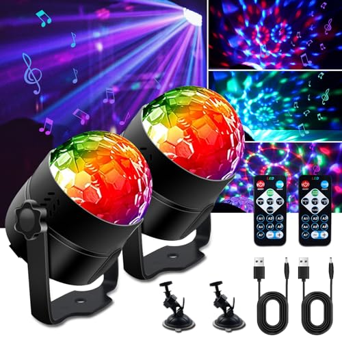 Bonlux Discokugel Partylicht Musikgesteuert DJ RGB Lichteffekt LED 3W 5V 3Mode 7Farbe mit Fernbedienung und USB Kabel RGB Disco 360° Rotierende Partylicht für Party, Weihnachten, Kinder 2Stück von Bonlux