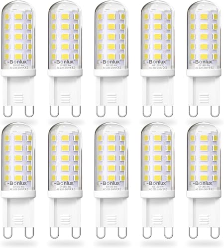 Bonlux G9 LED Lampe kaltweiß 6000K, 4W Ersatz für Halogen Leuchtmittel G9 40W Glühbirne, GU9 Steckbirnen, G 9 Kleine LED Birne, Nicht Dimmbar, Kein Flackern, Enegiesparende, AC 220-240V, 10 Stück von Bonlux
