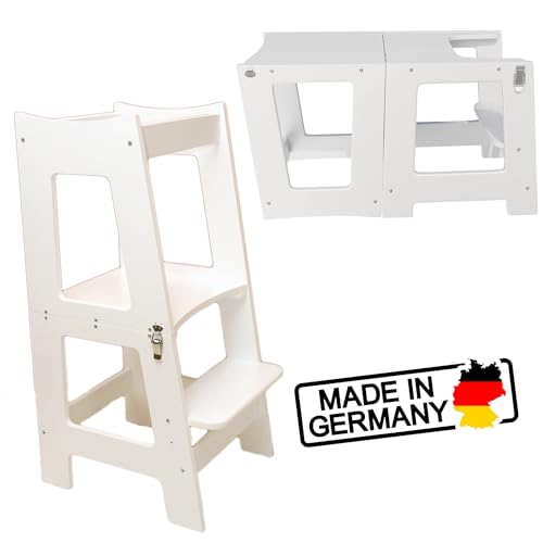 2 in 1 Montessori Lernturm für Kinder klappbar höhenverstallbar Stuhl + Tisch aus Holz Multifunktion Tritthocker Hocker für Jungen & Mädchen Helferturm Lernstuhl Küchenhelfer Weiß Learning Tower von Bonn-Design