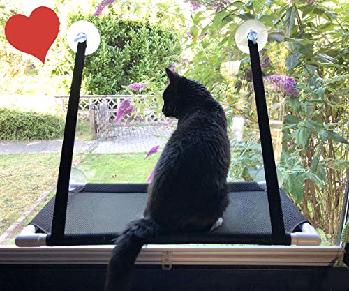 Premium Fensterplatz für die zufriedene Katze Katzenliege 360° Ausblick Hängematte Fensterliege Sonnenbad Katzenhängematte Fensterliegeplatz Fenster Bett Fensterbank hängend Saugnäpfen bis 15KG von Bonn Design