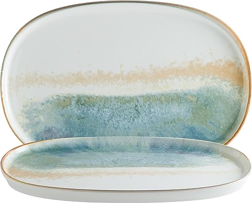 Bonna 6x Fium Hygge Teller oval 34x23 cm flach 1,8 cm tief Türkis Grün Weiß Braun Aquarell Porzellan FIUHYG34OV Speiseteller Essteller Gourmetteller Geschirr von Bonna