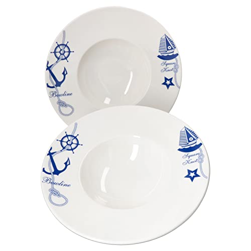 Bonna Navy 2er Set weiße Pastateller 28cm mit Motiv in blau I Suppenteller mit breitem Rand I tiefe Nudelteller I große Salatteller Beilagenschalen I Essteller maritim I Geschirr Premium-Porzellan von Bonna