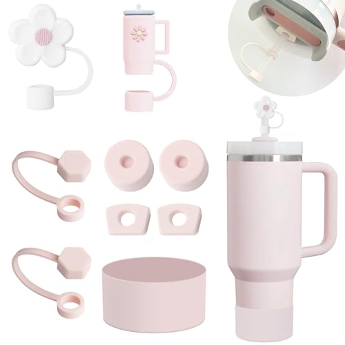 Stanley Becherzubehör-Set mit 6 auslaufsicheren Silikon-Stopper, 2 Strohhalm-Abdeckkappen für 9–10 mm Strohhalme, 1 Silikonmanschette für Stanley Cup Stanley 1,2 l und 850 ml Becher (Rosenquarz) von BonneChance