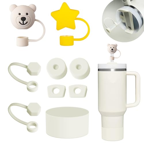 Stanley Becherzubehör-Set mit 6 auslaufsicheren Silikon-Stopper, 2 Strohhalm-Abdeckkappen für 9–10 mm Strohhalme, 1 Silikonmanschette für Stanley Cup Stanley 1,2 l und 850 ml Becher (cremefarben) von BonneChance