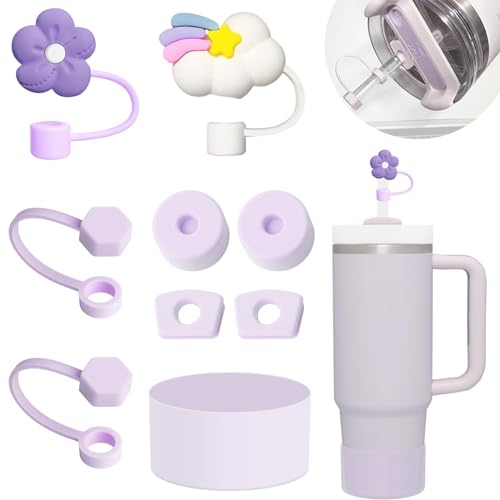 Stanley Becherzubehör-Set mit 6 auslaufsicheren Silikon-Stopper, 2 Strohhalm-Abdeckkappen für 9–10 mm Strohhalme, 1 x violetter Silikonstiefel für Stanley Cup Stanley 1,2 l und 850 ml Becher (lila) von BonneChance