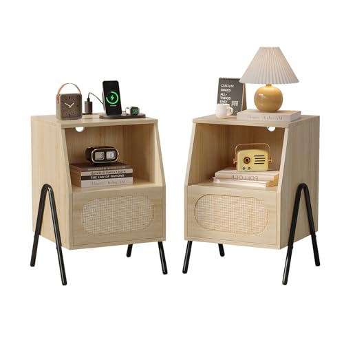 Bonnlo 2er Set Nachttisch Rattan, Beistelltisch mit Ladefunktion, Holz Nachtschrank mit Schublade und Eichenregal, für Schlafzimmer, Wohnzimmer, 44 x 40 x 60 cm von Bonnlo