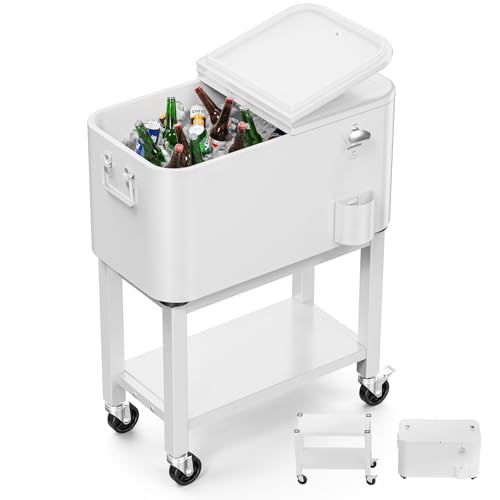 Bonnlo 57L Servierwagen mit Rollen, Beistellwagen, Patio-Kühlwagen, Kühlbox, Getränkekühler mit Flaschenöffner, Praktisch für Outdoor-Partys und BBQs, 35,5 X 66 X 81 cm, Weiß von Bonnlo