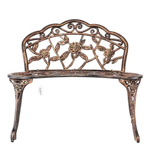Bonnlo Gartenbank Metall Aluminium Rose, wetterfeste Sitzbank für 2 Sitzer, antike Sitzbank mit Rückenlehne, Bänke für Terrase, Balkon, Garten, Hof, Bronze​ (Bronze​) von Bonnlo